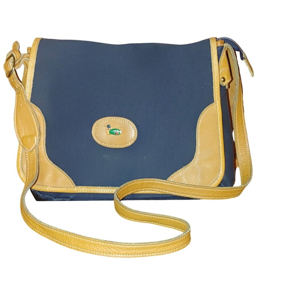 Vintage Duck Logo Crossbody Bag Purse Navy Tan Leather Travel Canvas Demin